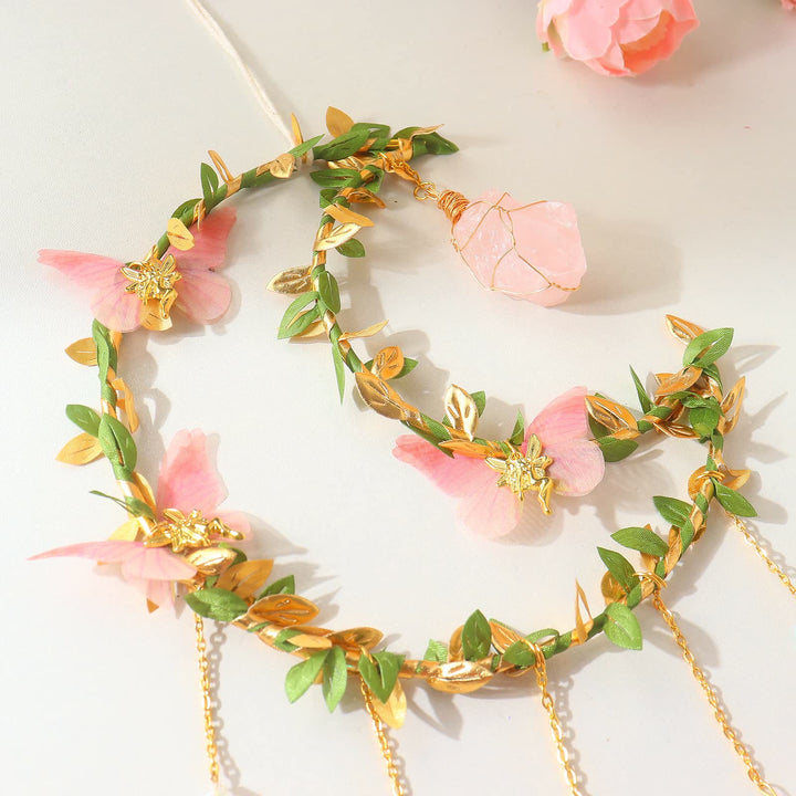 Carillon éolien porte-bonheur en quartz rose avec papillon Olivenorma 