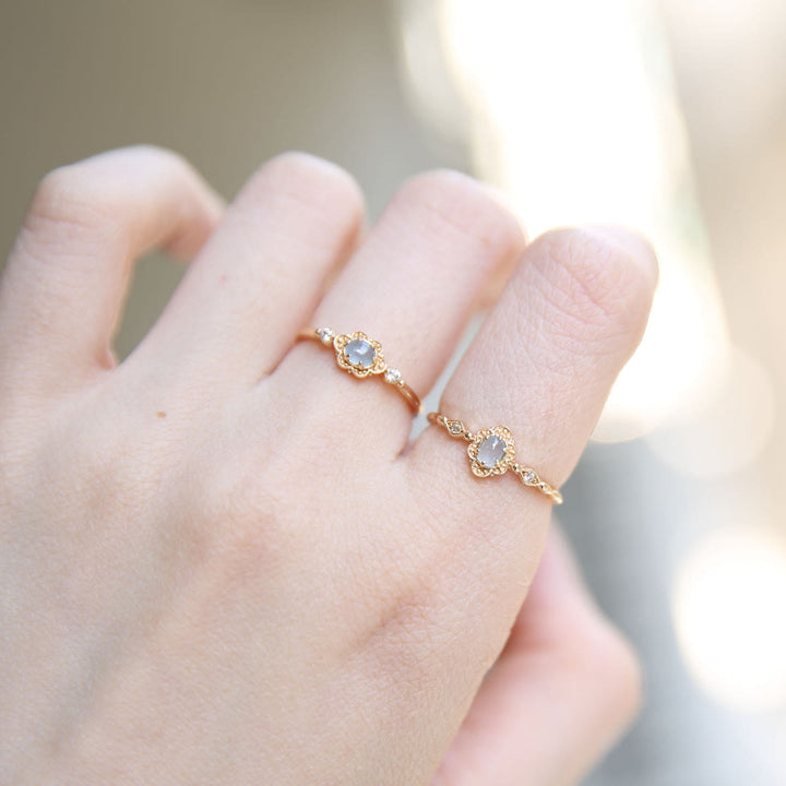 Bague vintage Olivenorma en aigue-marine naturelle et marguerites 