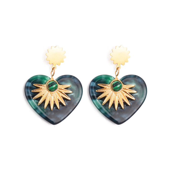 Boucles d'oreilles en forme de cœur en acier inoxydable doré et agate mousse Olivenorma 