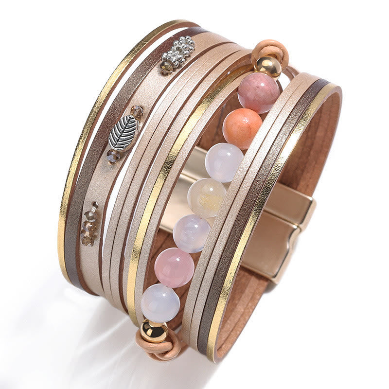 Bracelet multicouche en cuir et perles de cristal naturel Olivenorma
