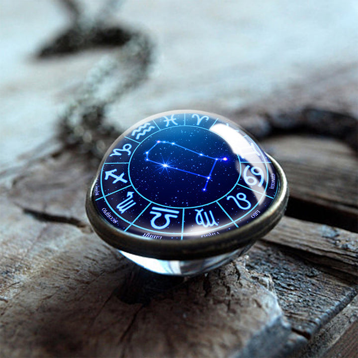 Collier Globe en verre double face Olivenorma avec 12 étoiles du zodiaque