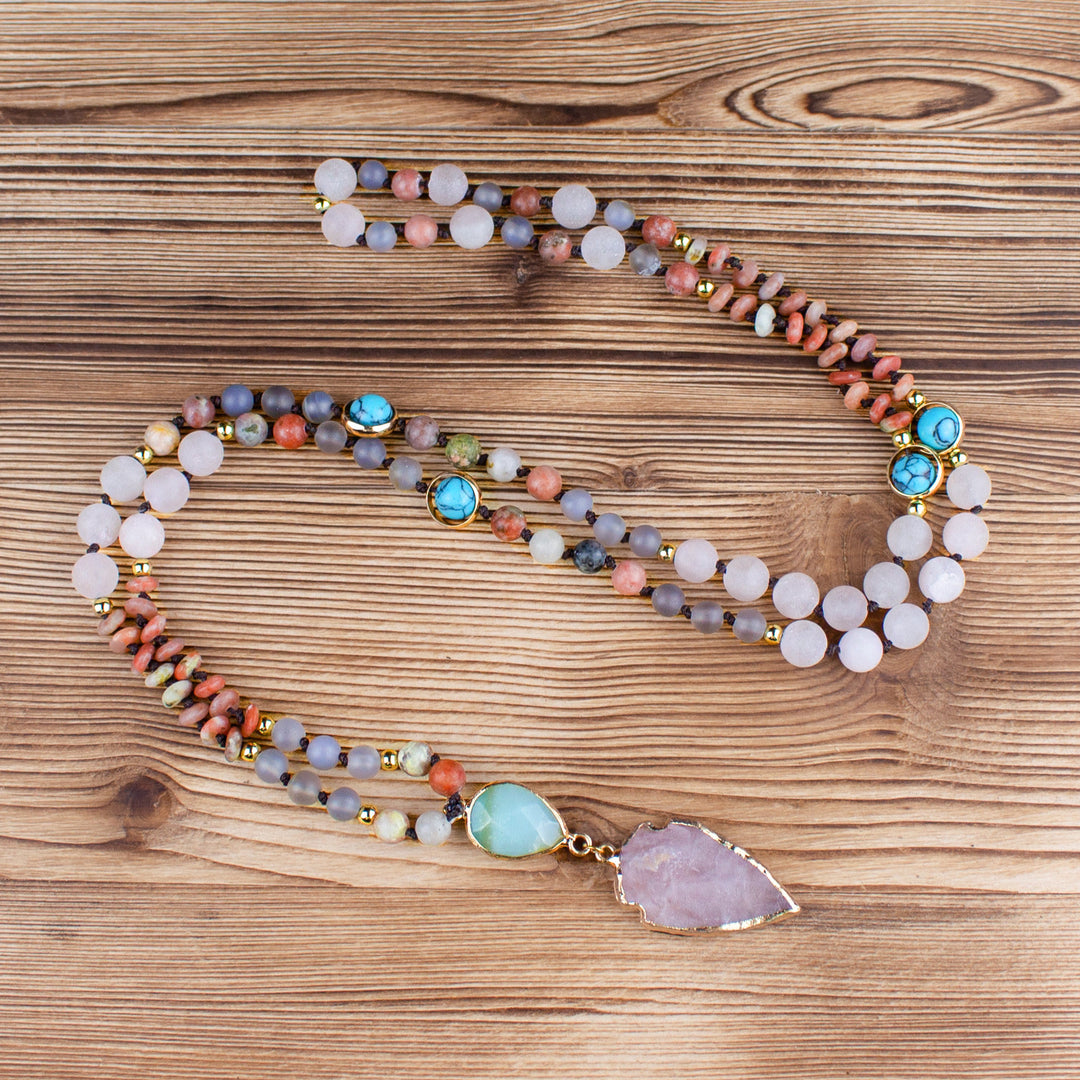 Collier pendentif en pointe de flèche en quartz rose naturel pour prière 