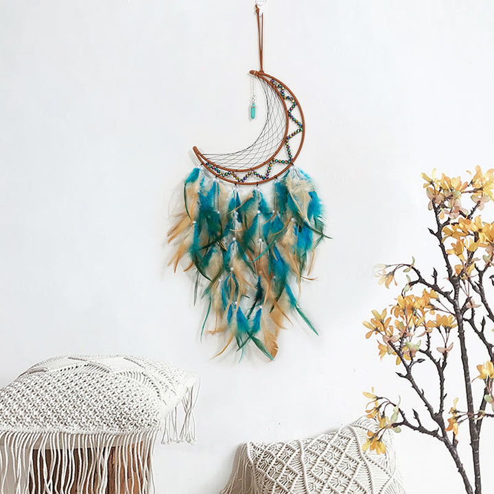 Pendentif turquoise Olivenorma en perles d'hématite et plumes de lune attrape-rêves 