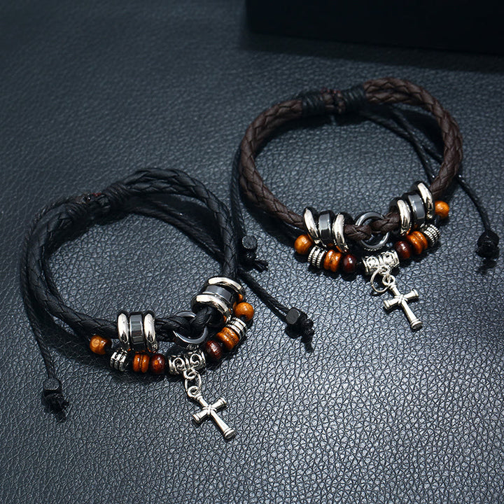 Bracelet en cuir tressé multicouche ajustable Olivenorma