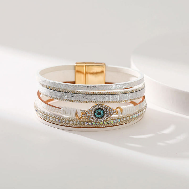 Bracelet Olivenorma en similicuir motif léopard avec zircon et mauvais œil
