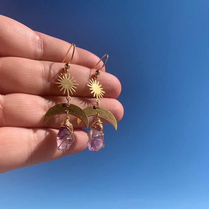 Collier avec boucles d'oreilles sorcière en améthyste et soleil levant