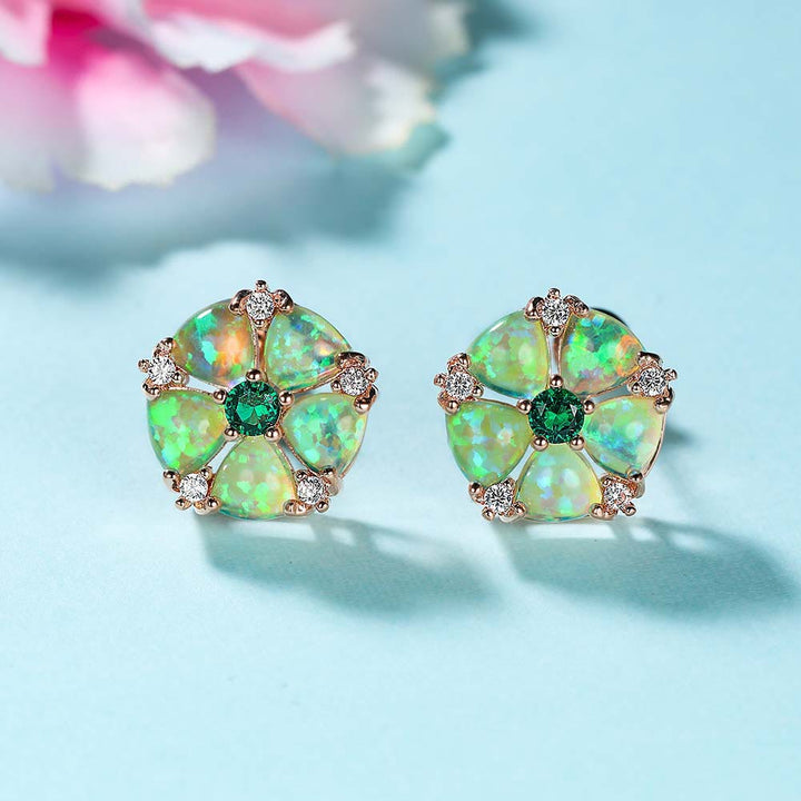 Boucles d'oreilles en forme de fleur d'opale Olivenorma - Opale verte, zircon vert et or rose - image 2