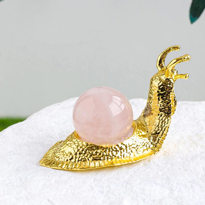 Support de boule de cristal naturel Olivenorma, petite décoration en pierre précieuse en forme d'escargot - Quartz rose - Doré - image 7