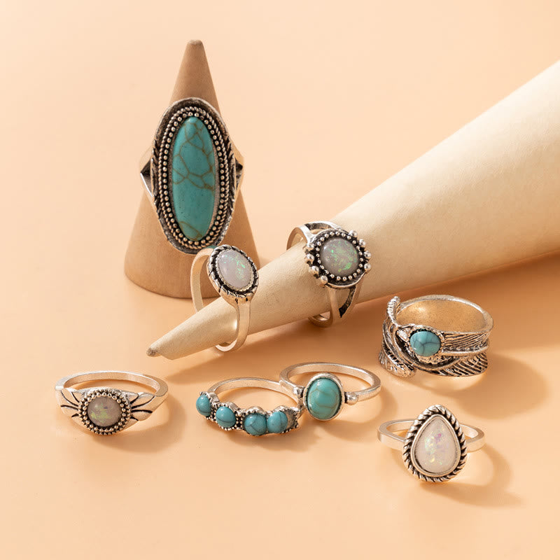 Ensemble de 8 bagues en feuille d'éléphant turquoise et opale Olivenorma 