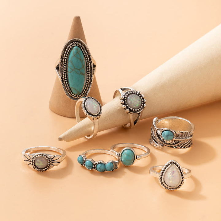 Ensemble de 8 bagues en feuille d'éléphant turquoise et opale Olivenorma 