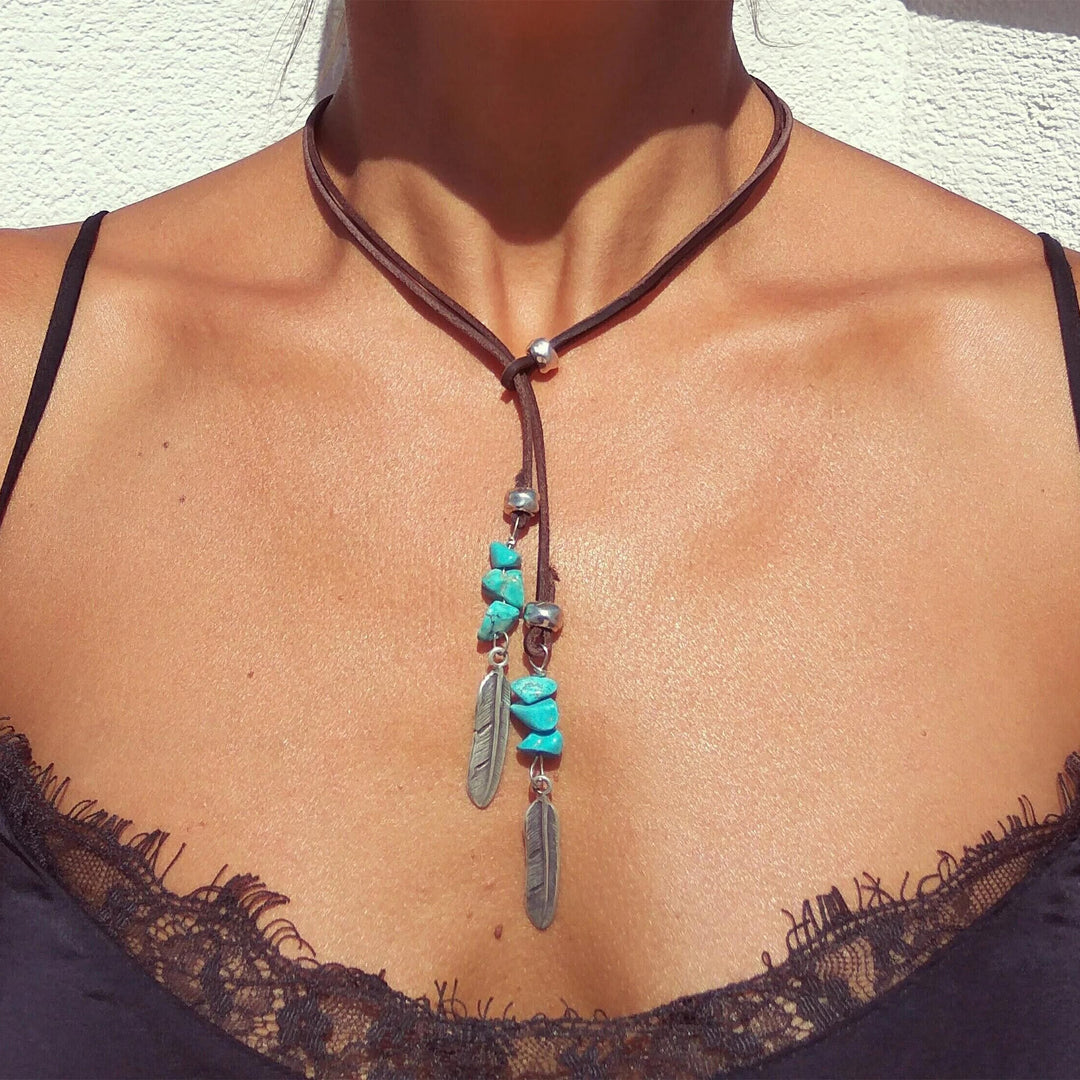 Collier pendentif plume en alliage de cuir turquoise Olivenorma 
