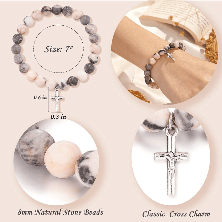 Bracelet pendentif croix en perles de 8 mm en jaspe zèbre rose et rhodonite Olivenorma 