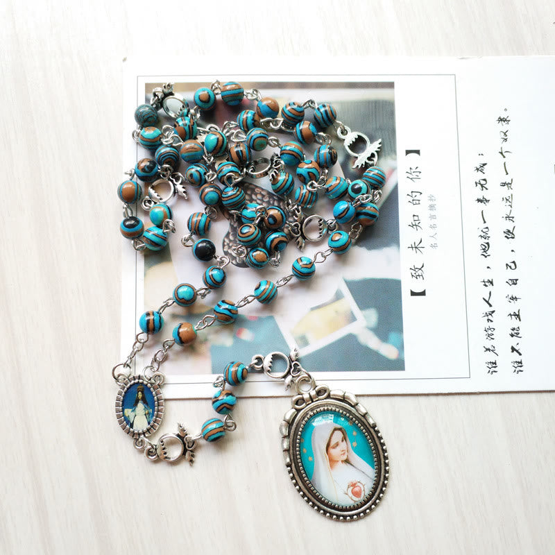 Collier chapelet avec pendentif médaille sacrée de la Vierge en azurite et malachite Olivenorma 