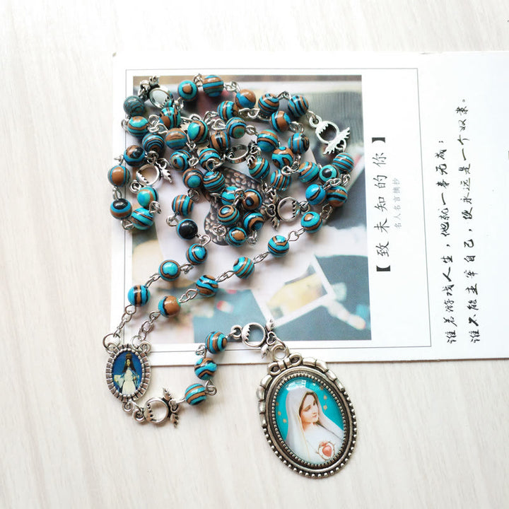 Collier chapelet avec pendentif médaille sacrée de la Vierge en azurite et malachite Olivenorma 