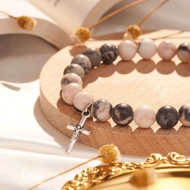 Bracelet pendentif croix en perles de 8 mm en jaspe zèbre rose et rhodonite Olivenorma 