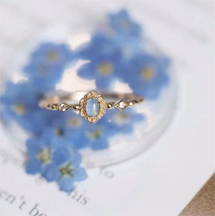 Bague vintage Olivenorma en aigue-marine naturelle et marguerites 