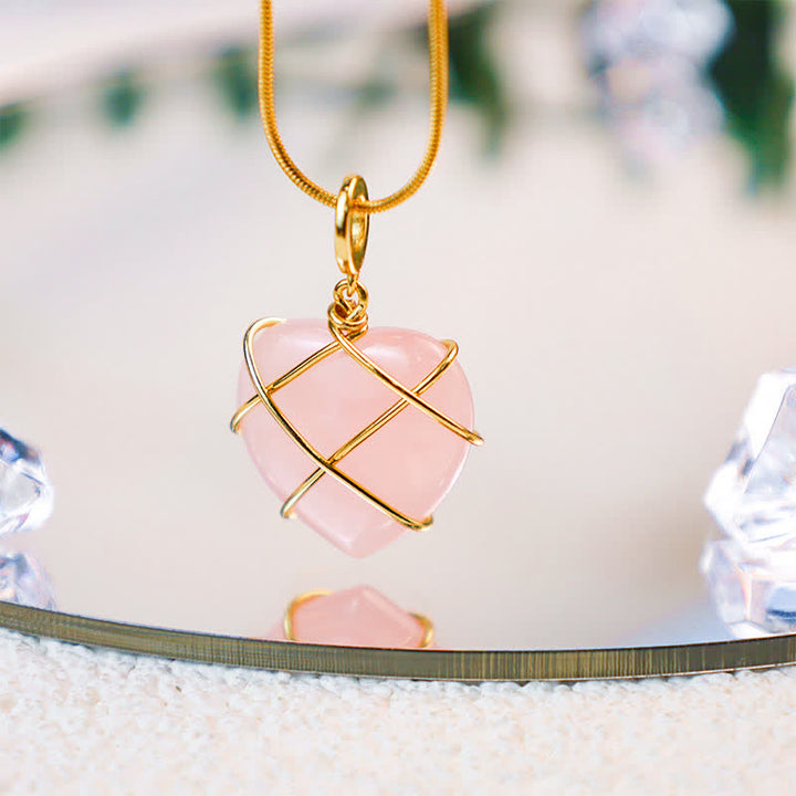 Collier en quartz rose en forme de cœur avec pierres précieuses Olivenorma 