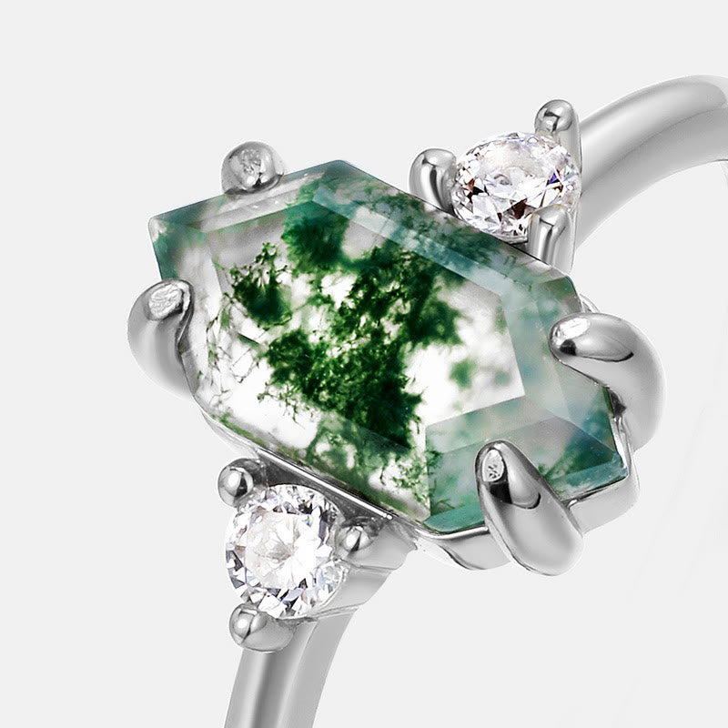 Bague ajustable Olivenorma en agate mousse hexagonale et zircon blanc S925