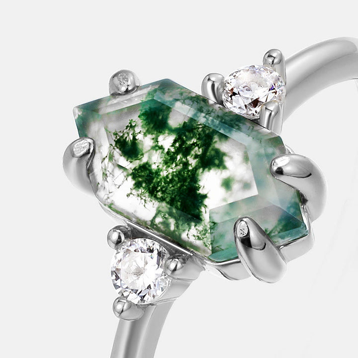 Bague ajustable Olivenorma en agate mousse hexagonale et zircon blanc S925