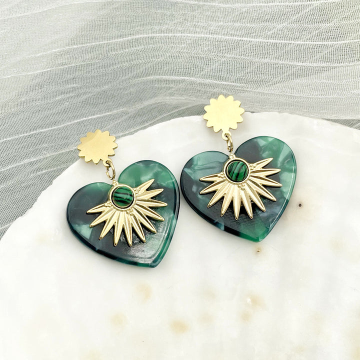 Boucles d'oreilles en forme de cœur en acier inoxydable doré et agate mousse Olivenorma 