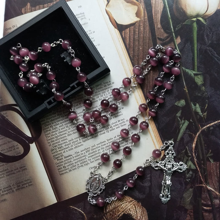 Collier chapelet croix en pierre œil de chat violet Olivenorma - Pierre et croix en œil de chat violet - image 0