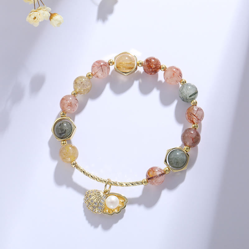 Bracelet pendentif coquillage en perles de quartz rutile couleur Olivenorma 