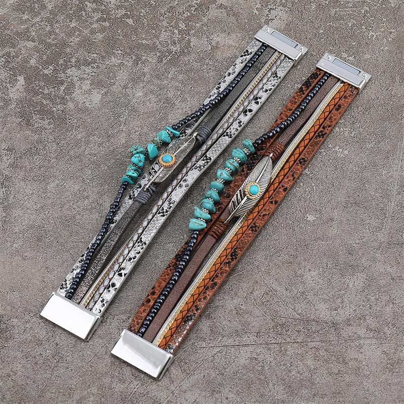 Bracelet en cuir multicouches marron vintage turquoise Olivenorma