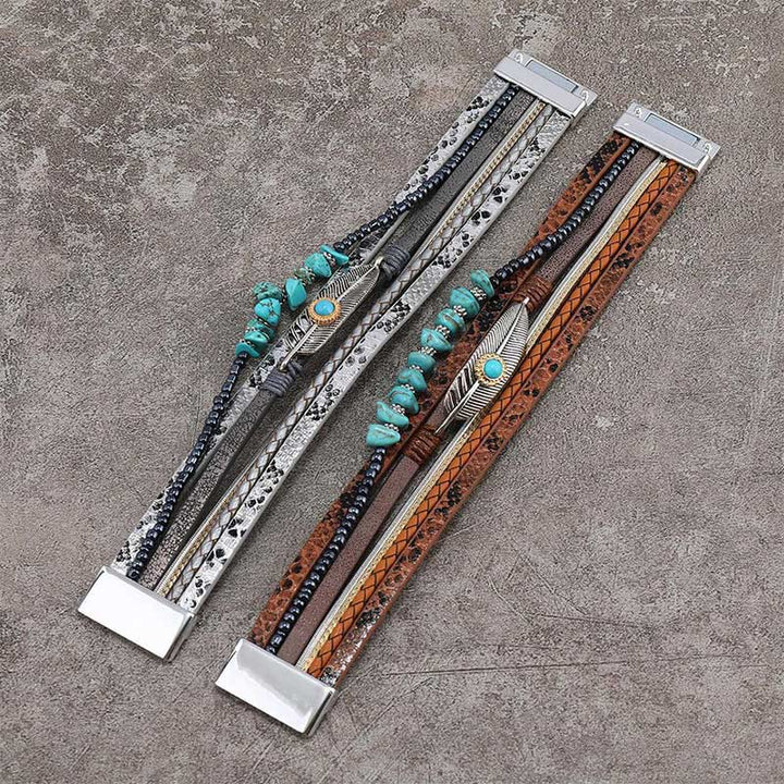 Bracelet en cuir multicouches marron vintage turquoise Olivenorma