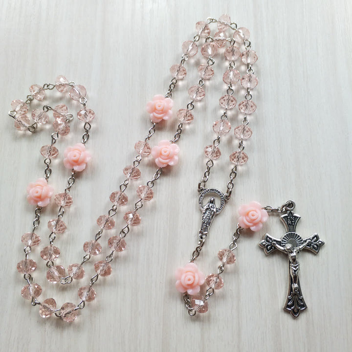 Collier chapelet avec pendentif croix de Jésus en quartz rose Olivenorma 
