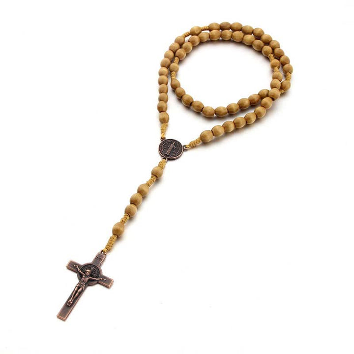 Collier chapelet en bois avec croix vintage tricotée Olivenorma