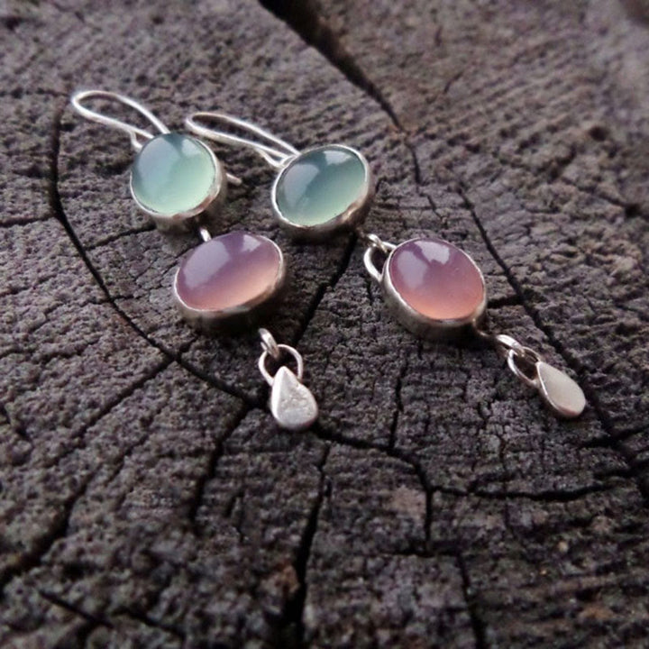 Boucles d'oreilles sorcière en pierre œil de chat rose et verte Olivenorma