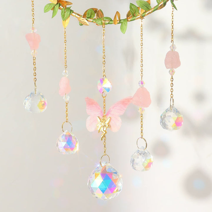 Carillon éolien porte-bonheur en quartz rose avec papillon Olivenorma 