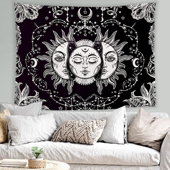 Tapisserie murale de méditation avec tatouage de chat et soleil et lune Olivenorma