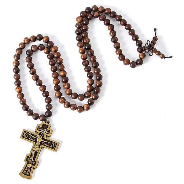 Collier chapelet avec pendentif en croix Olivenorma et perles en bois