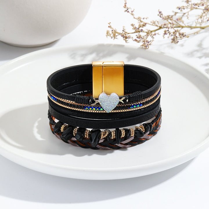 Bracelet en cuir avec breloque en forme de cœur et perles en cristal naturel Olivenorma