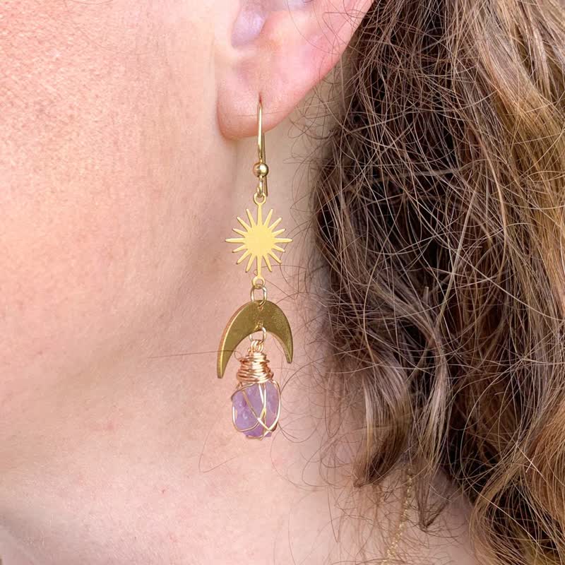 Collier avec boucles d'oreilles sorcière en améthyste et soleil levant