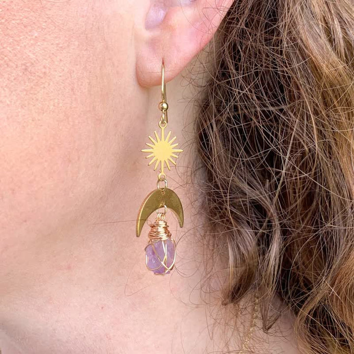 Collier avec boucles d'oreilles sorcière en améthyste et soleil levant
