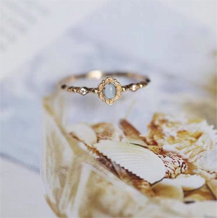 Bague vintage Olivenorma en aigue-marine naturelle et marguerites 