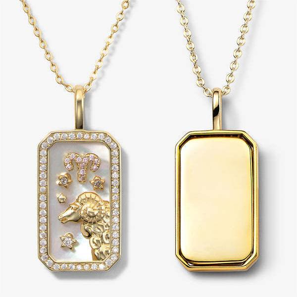 Collier avec plaque signalétique gravée avec 12 signes du zodiaque en zircon blanc Olivenorma 