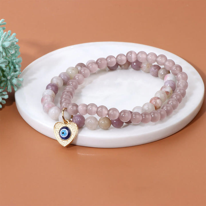 Bracelet double couche avec pendentif mauvais œil en pierre œil de chat Olivenorma