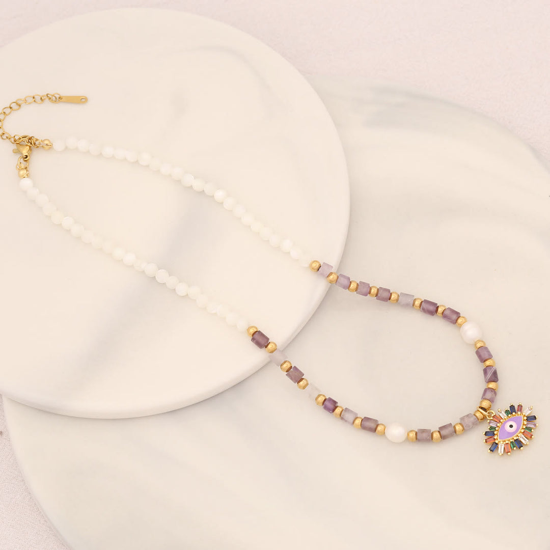 Collier pendentif mauvais œil en pierre de cristal de perle naturelle Olivenorma 
