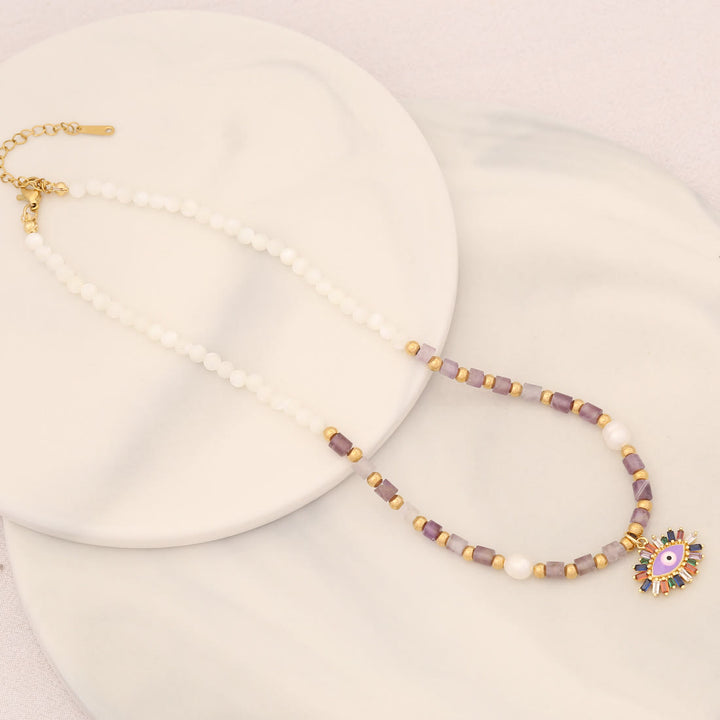 Collier pendentif mauvais œil en pierre de cristal de perle naturelle Olivenorma 