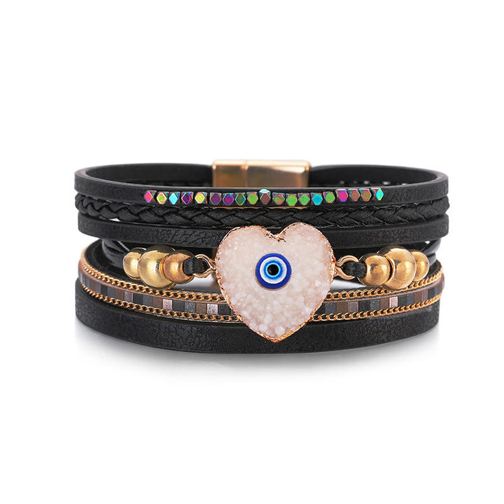 Bracelet Olivenorma « Triple Protection » en forme de cœur avec perles dorées en cristal et mauvais œil