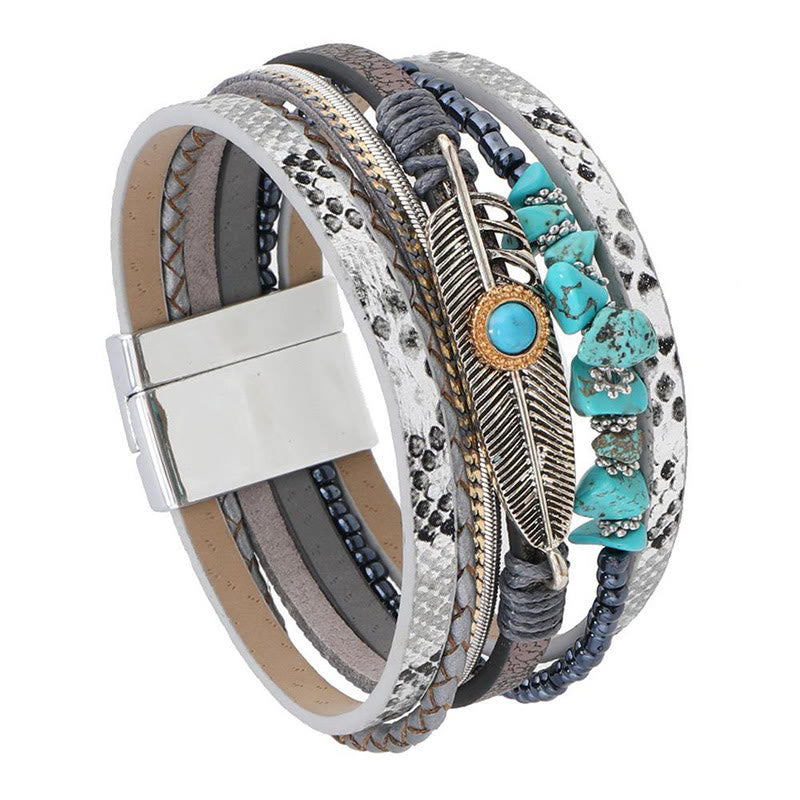Bracelet en cuir multicouches marron vintage turquoise Olivenorma