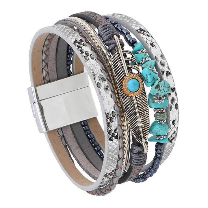 Bracelet en cuir multicouches marron vintage turquoise Olivenorma