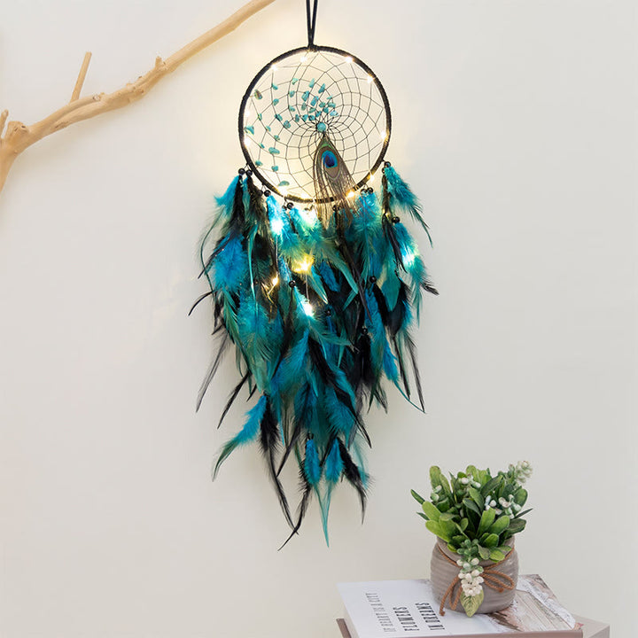 Attrape-rêves en agate rouge et turquoise avec plumes de paon Olivenorma - Turquoise - Avec des lumières - image 4