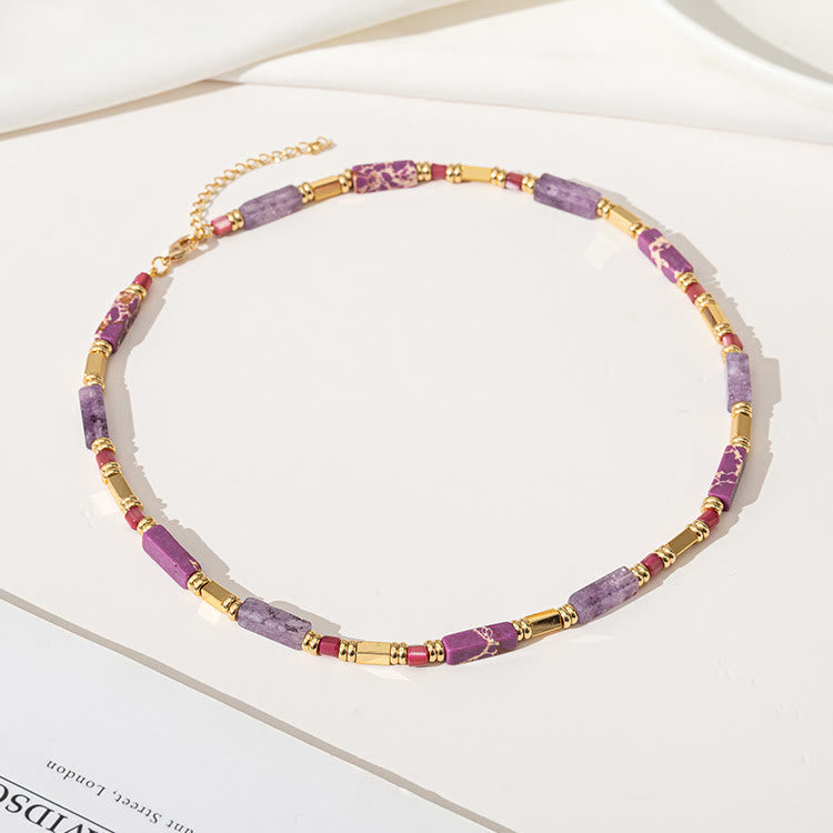 Collier de clavicule en pierre empereur violette et charoïte rectangulaire géométrique Olivenorma 