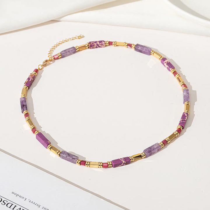 Collier de clavicule en pierre empereur violette et charoïte rectangulaire géométrique Olivenorma 
