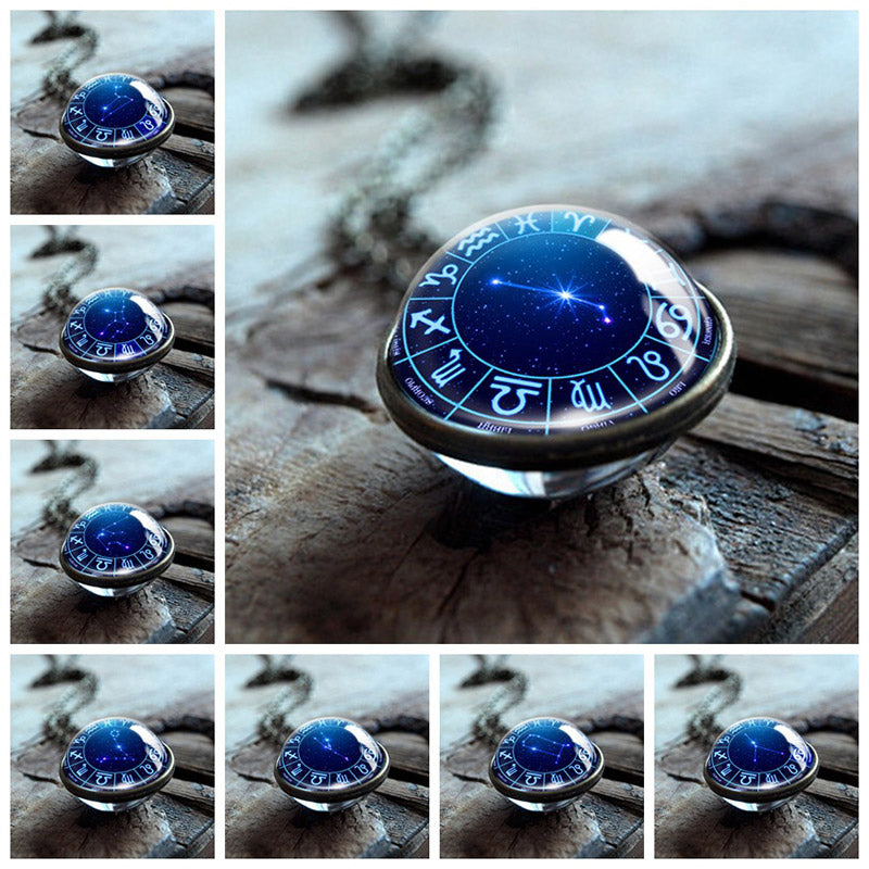 Collier Globe en verre double face Olivenorma avec 12 étoiles du zodiaque