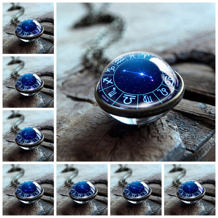 Collier Globe en verre double face Olivenorma avec 12 étoiles du zodiaque